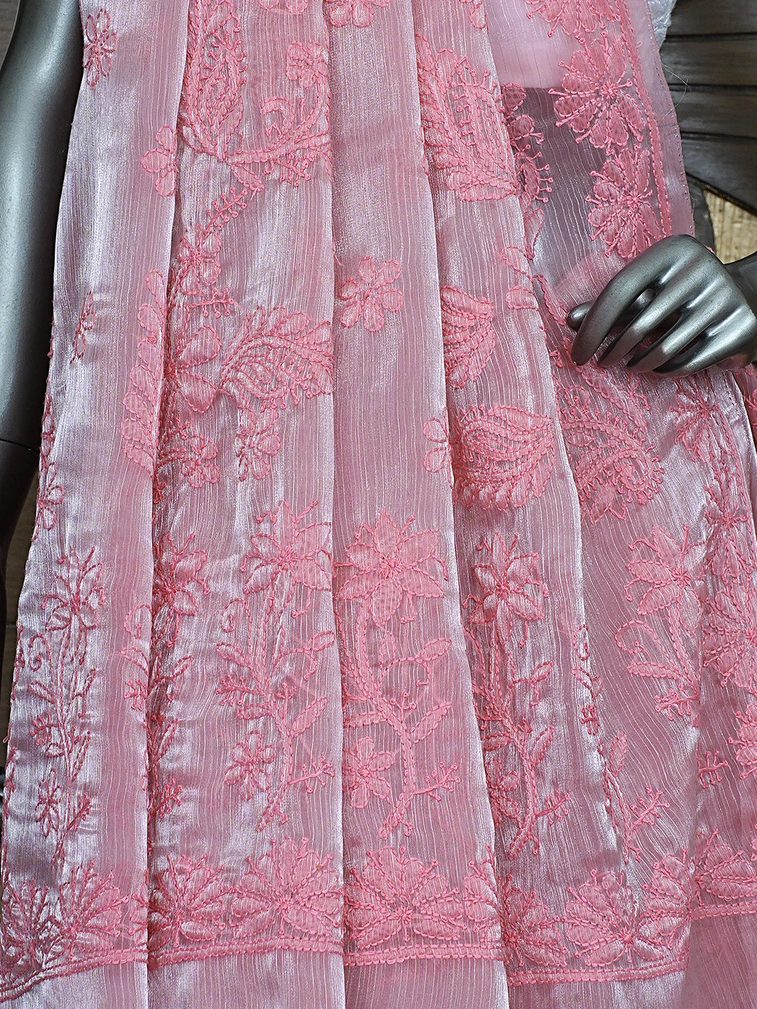 Ada Hand Embroidered Petal Rouge Pink Organza Lucknowi Chikankari Saree and Blouse 01A901847