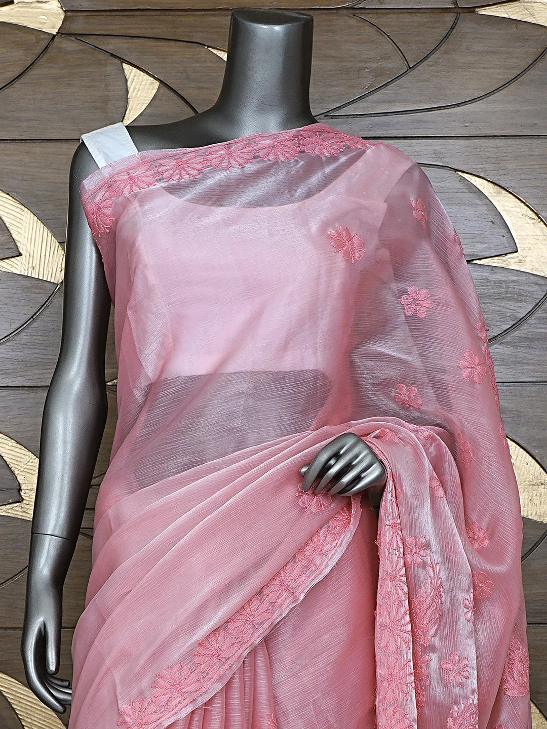 Ada Hand Embroidered Petal Rouge Pink Organza Lucknowi Chikankari Saree and Blouse 01A901847