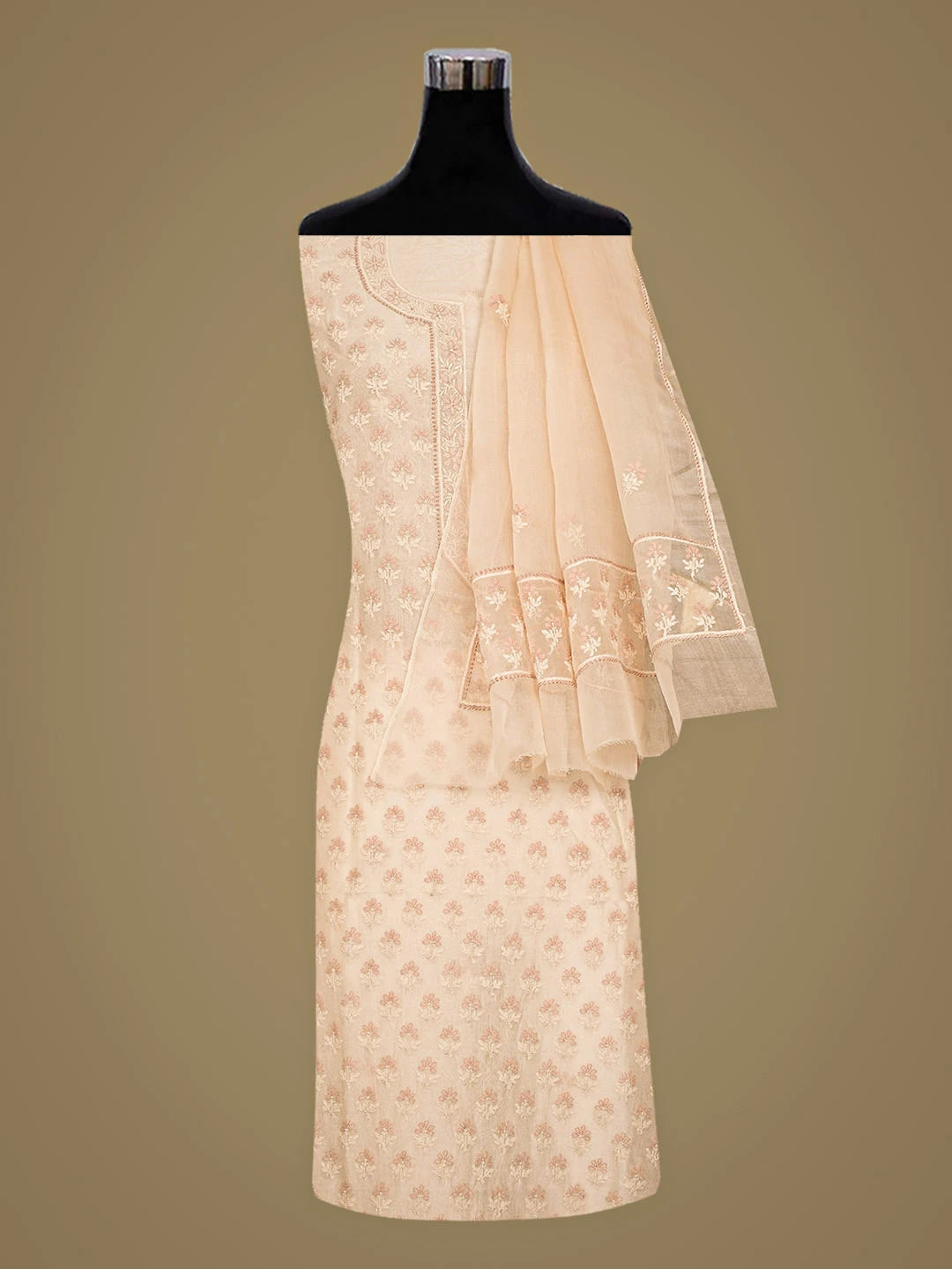Ada Hand Embroidered Fawn Organza Lucknowi Chikankari Unstitched Kurta Dupatta Set 01A888730