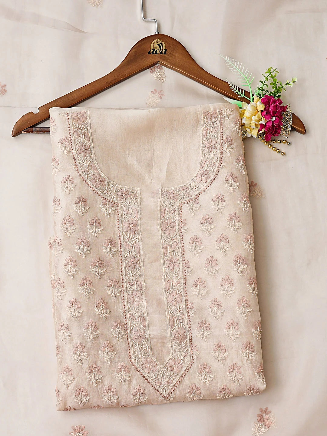 Ada Hand Embroidered Fawn Organza Lucknowi Chikankari Unstitched Kurta Dupatta Set 01A888730