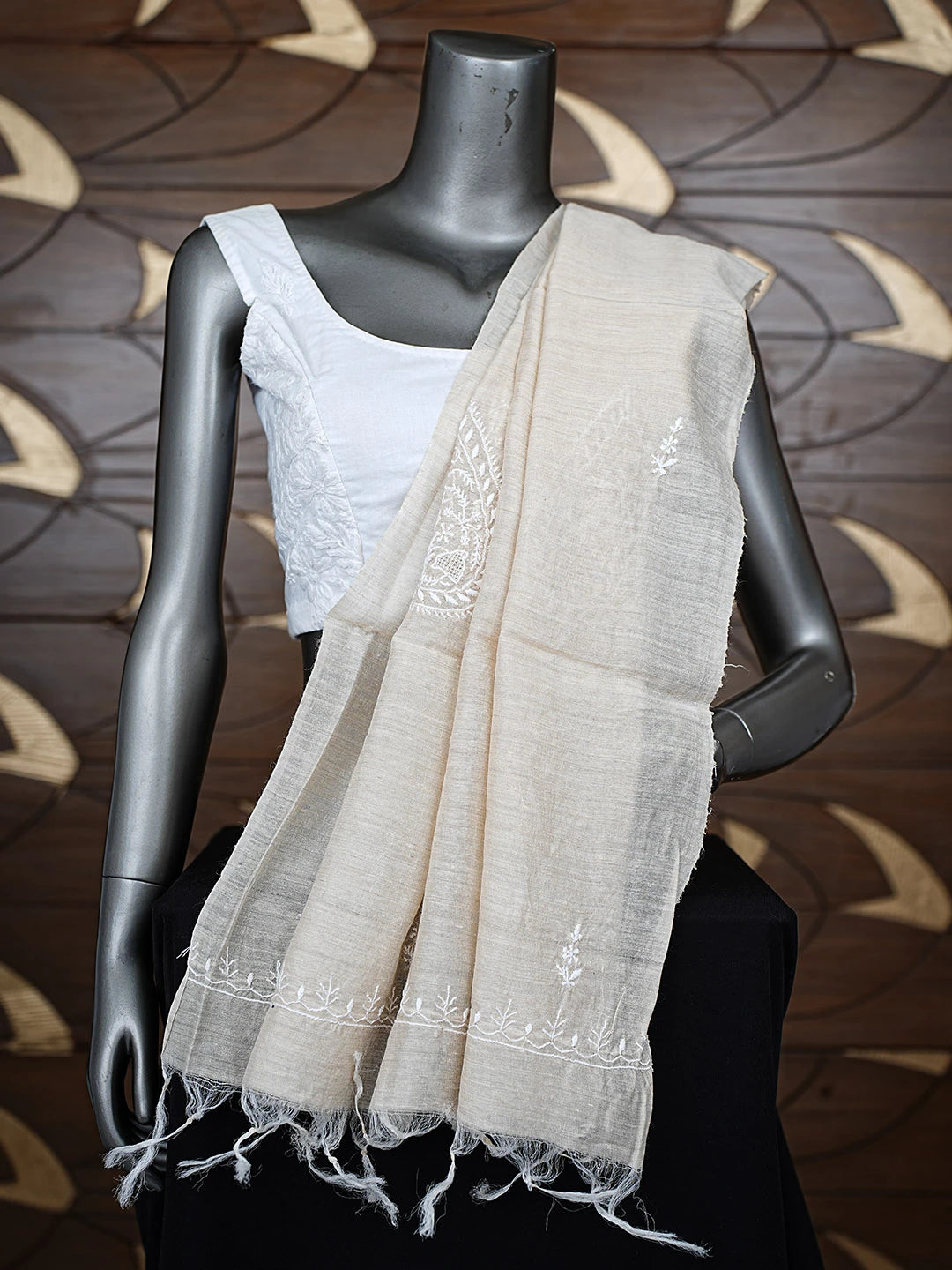 Ada Hand Embroidered Fawn Moonga Silk Lucknowi Chikankari Dupatta 01A881916