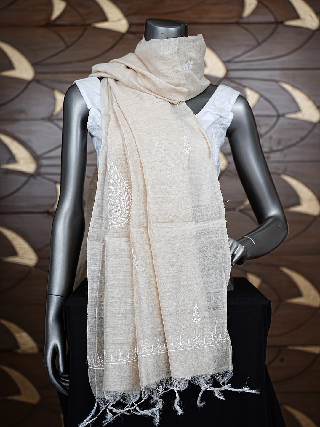 Ada Hand Embroidered Fawn Moonga Silk Lucknowi Chikankari Dupatta 01A881916