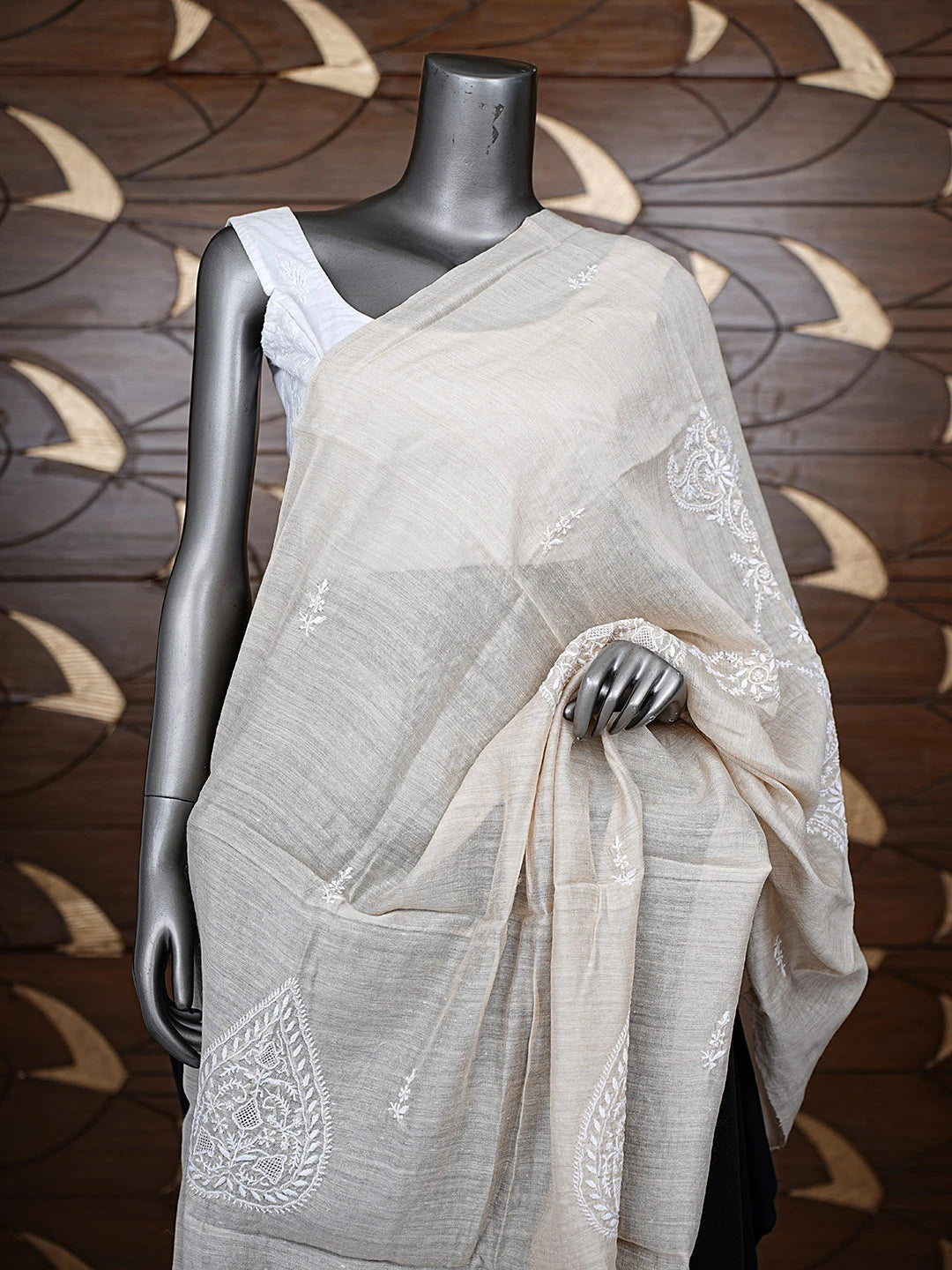 Ada Hand Embroidered Fawn Moonga Silk Lucknowi Chikankari Dupatta 01A881916