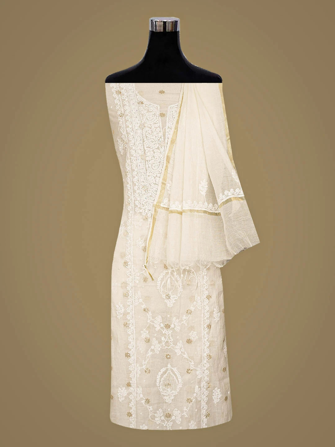 Ada Hand Embroidered White Chanderi Lucknowi Chikankari Unstitched Kurta Dupatta Set With Pearl Work 01A888811
