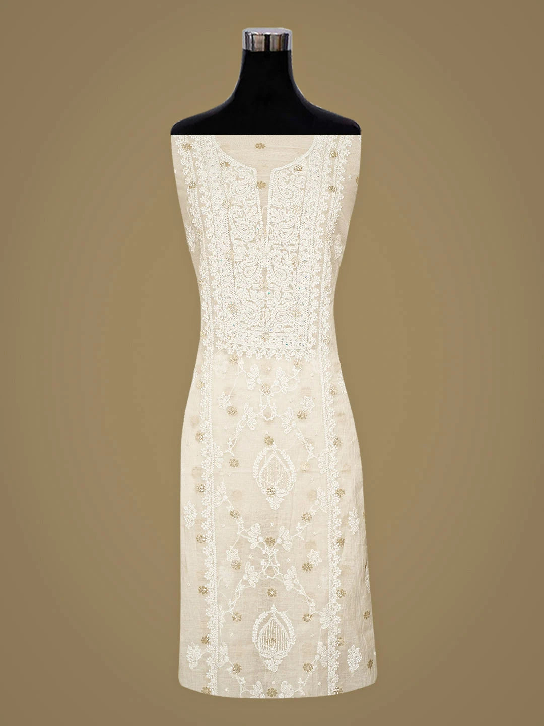 Ada Hand Embroidered White Chanderi Lucknowi Chikankari Unstitched Kurta Dupatta Set With Pearl Work 01A888811