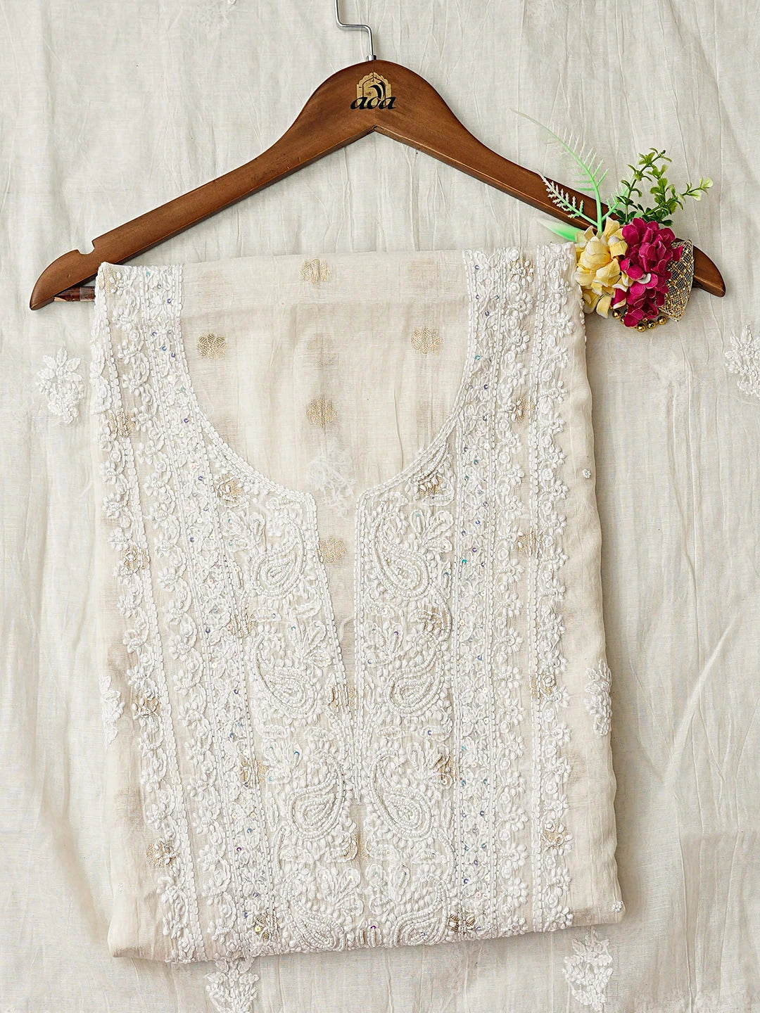Ada Hand Embroidered White Chanderi Lucknowi Chikankari Unstitched Kurta Dupatta Set With Pearl Work 01A888811