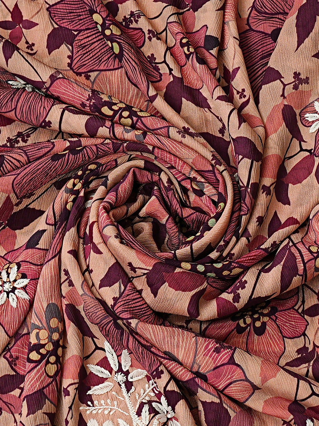 Ada Hand Embroidered Floral Printed Dusty Peach Crepe Lucknowi Chikankari Unstitched Kurta Dupatta Set 01A722929