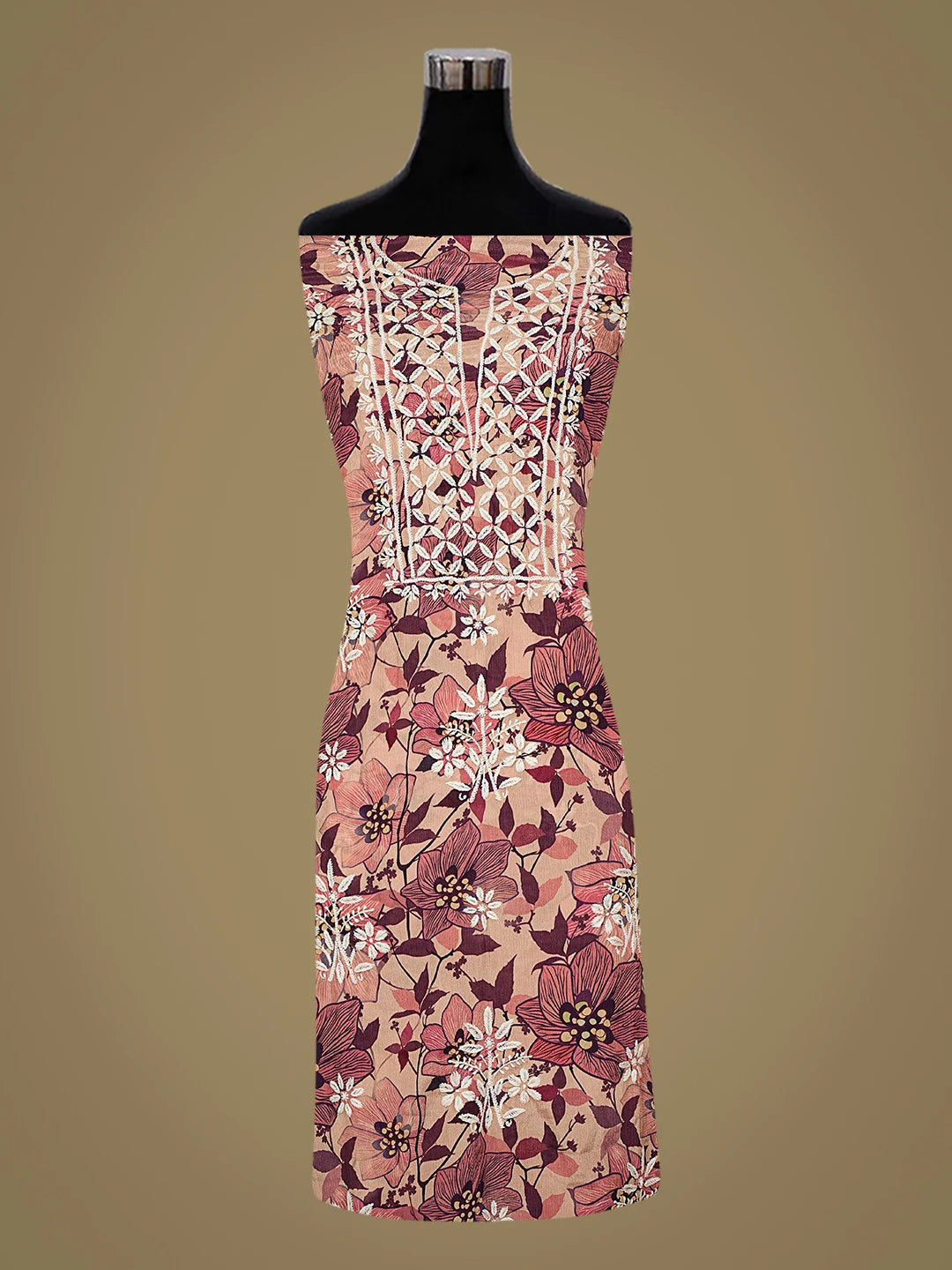 Ada Hand Embroidered Floral Printed Dusty Peach Crepe Lucknowi Chikankari Unstitched Kurta Dupatta Set 01A722929