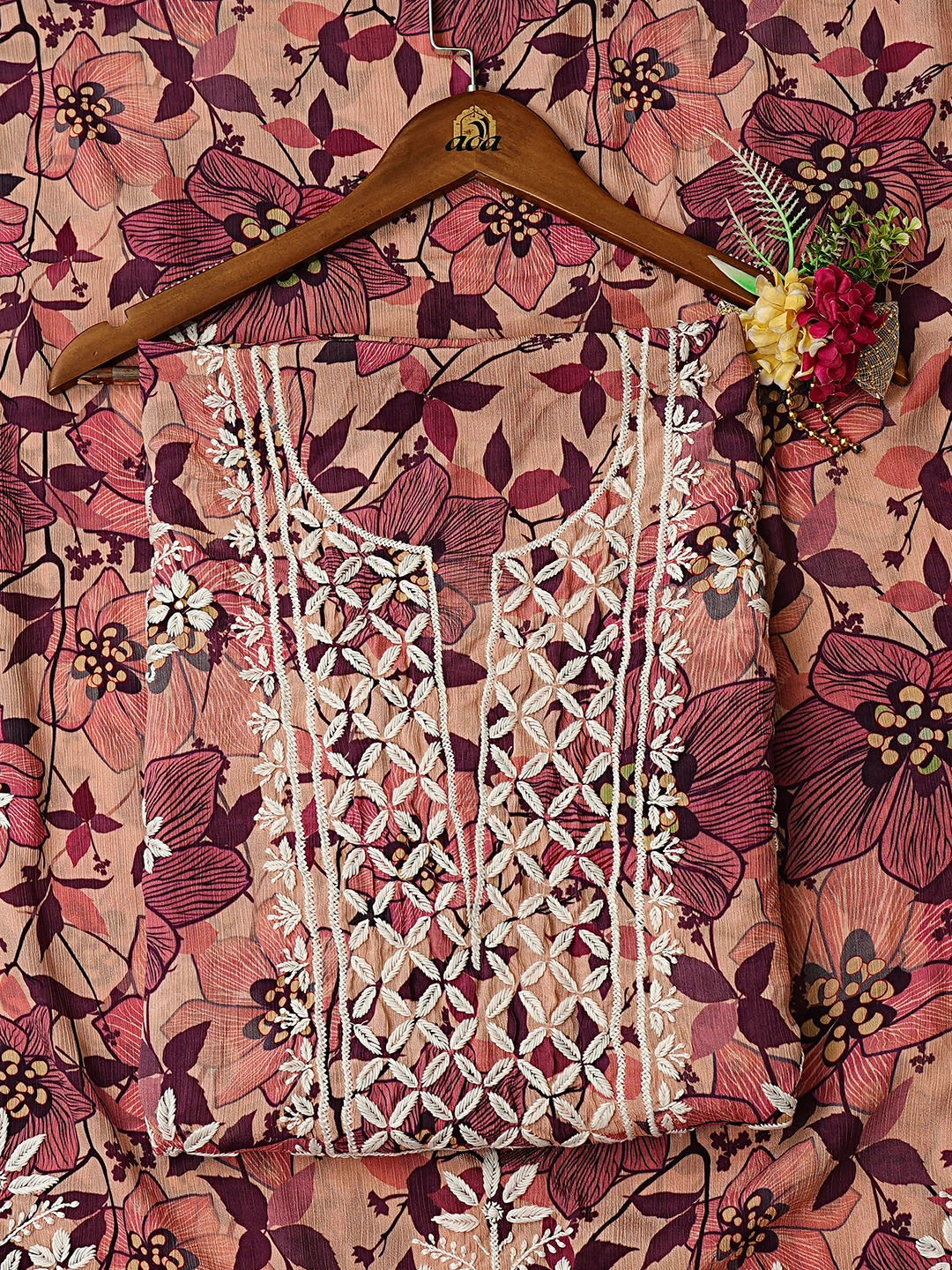 Ada Hand Embroidered Floral Printed Dusty Peach Crepe Lucknowi Chikankari Unstitched Kurta Dupatta Set 01A722929