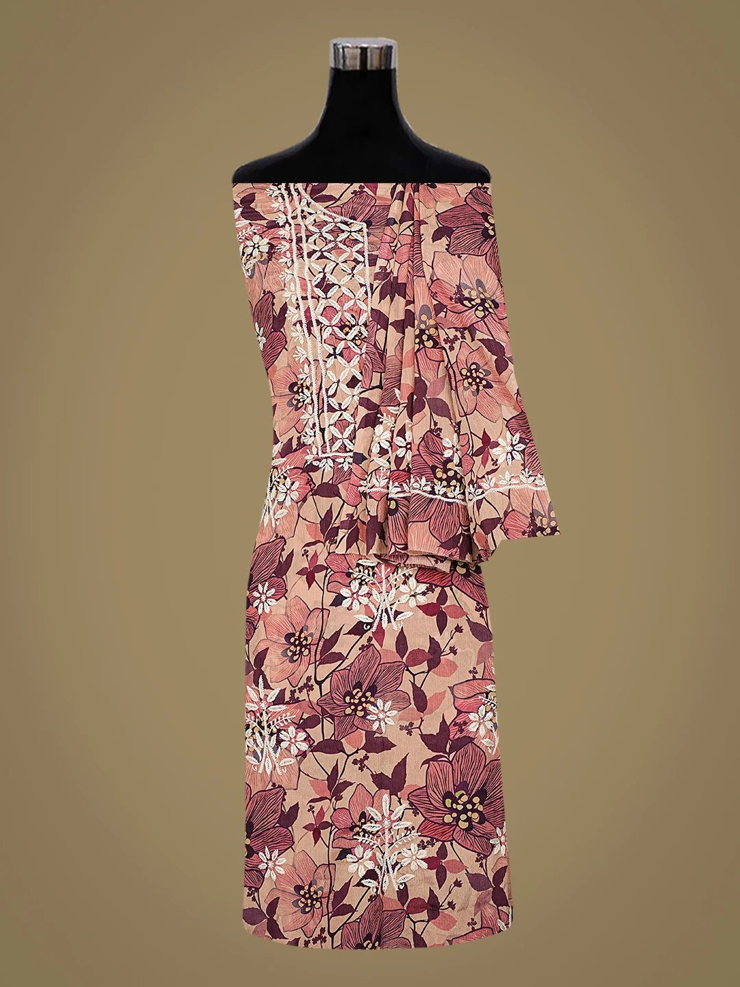Ada Hand Embroidered Floral Printed Dusty Peach Crepe Lucknowi Chikankari Unstitched Kurta Dupatta Set 01A722929
