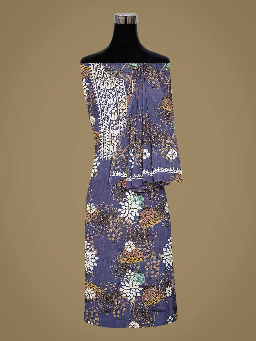 Ada Hand Embroidered Floral Printed Purple Crepe Lucknowi Chikankari Unstitched Kurta Dupatta Set 01A722849