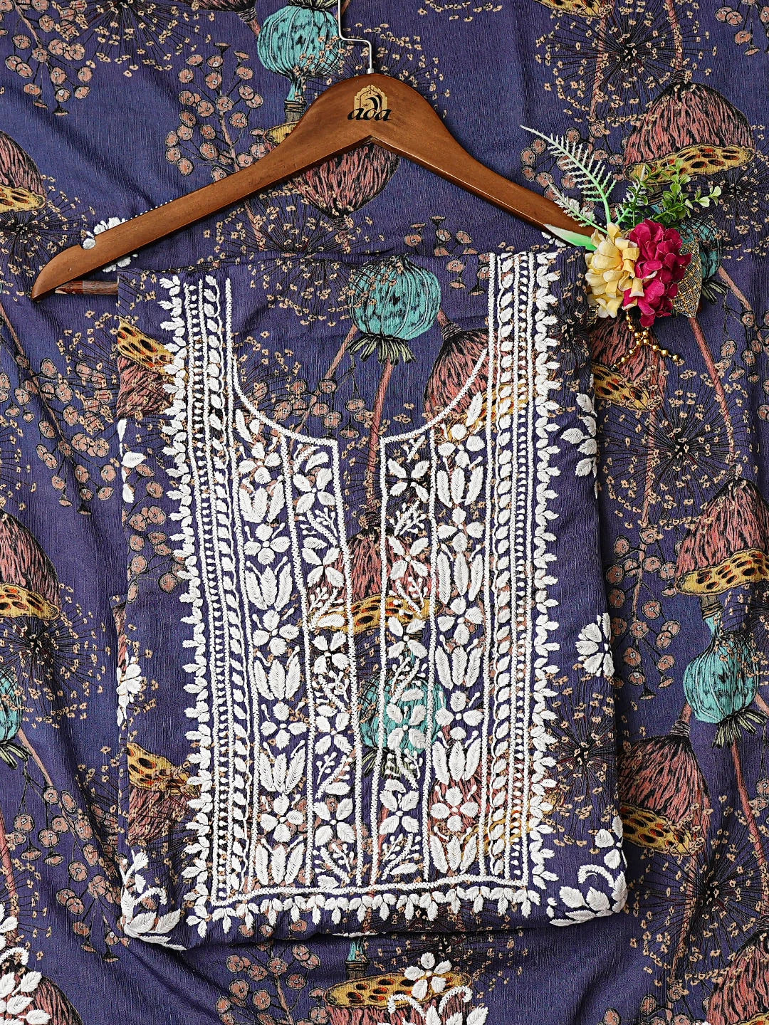 Ada Hand Embroidered Floral Printed Purple Crepe Lucknowi Chikankari Unstitched Kurta Dupatta Set 01A722849