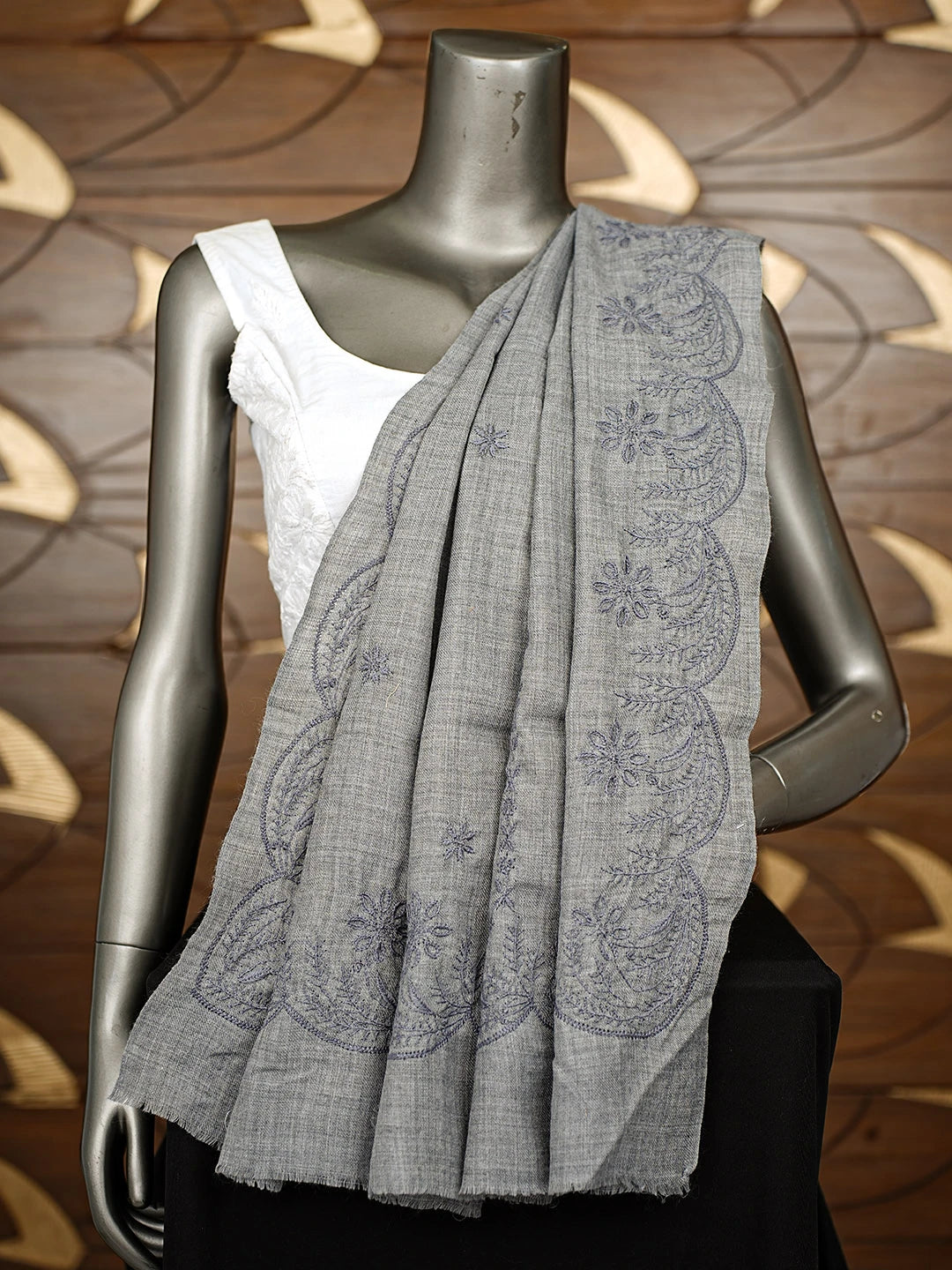 Ada Hand Embroidered Grey Pashmina Lucknowi Chikankari Teen Taar Shawl 01A897270