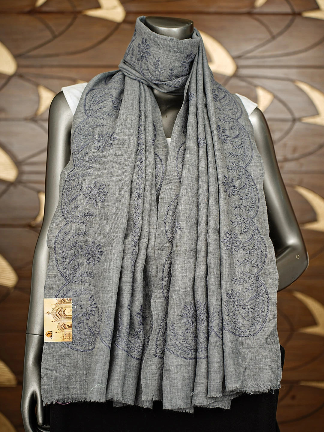 Ada Hand Embroidered Grey Pashmina Lucknowi Chikankari Teen Taar Shawl 01A897270