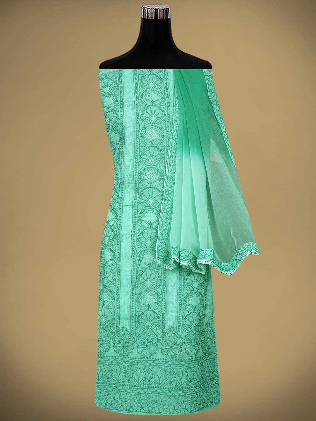 Ada Hand Embroidered Sea Green Cotton Lucknowi Chikankari Unstitched Suit Piece with Chiffon Dupatta 01A900225