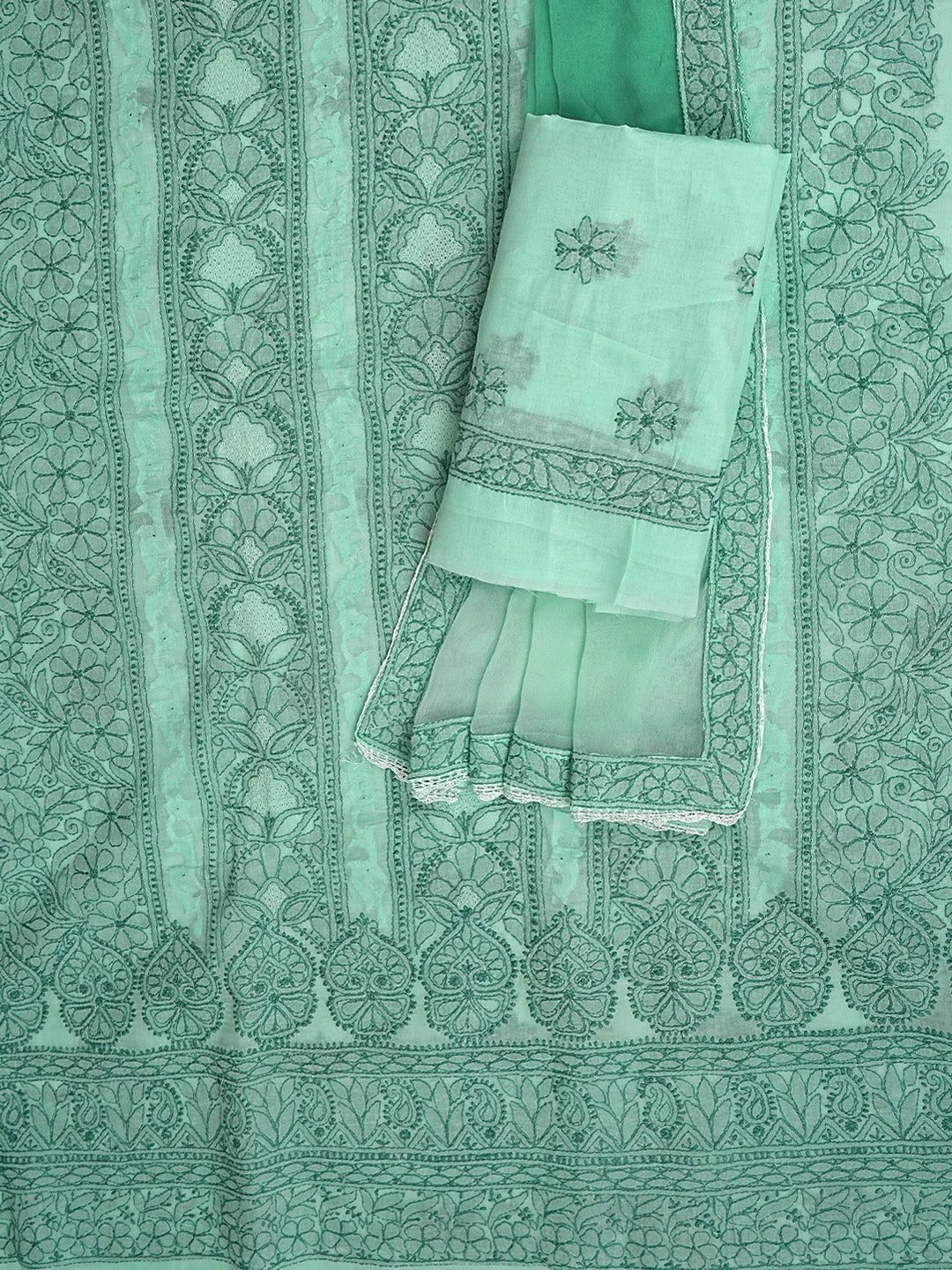 Ada Hand Embroidered Sea Green Cotton Lucknowi Chikankari Unstitched Suit Piece with Chiffon Dupatta 01A900225
