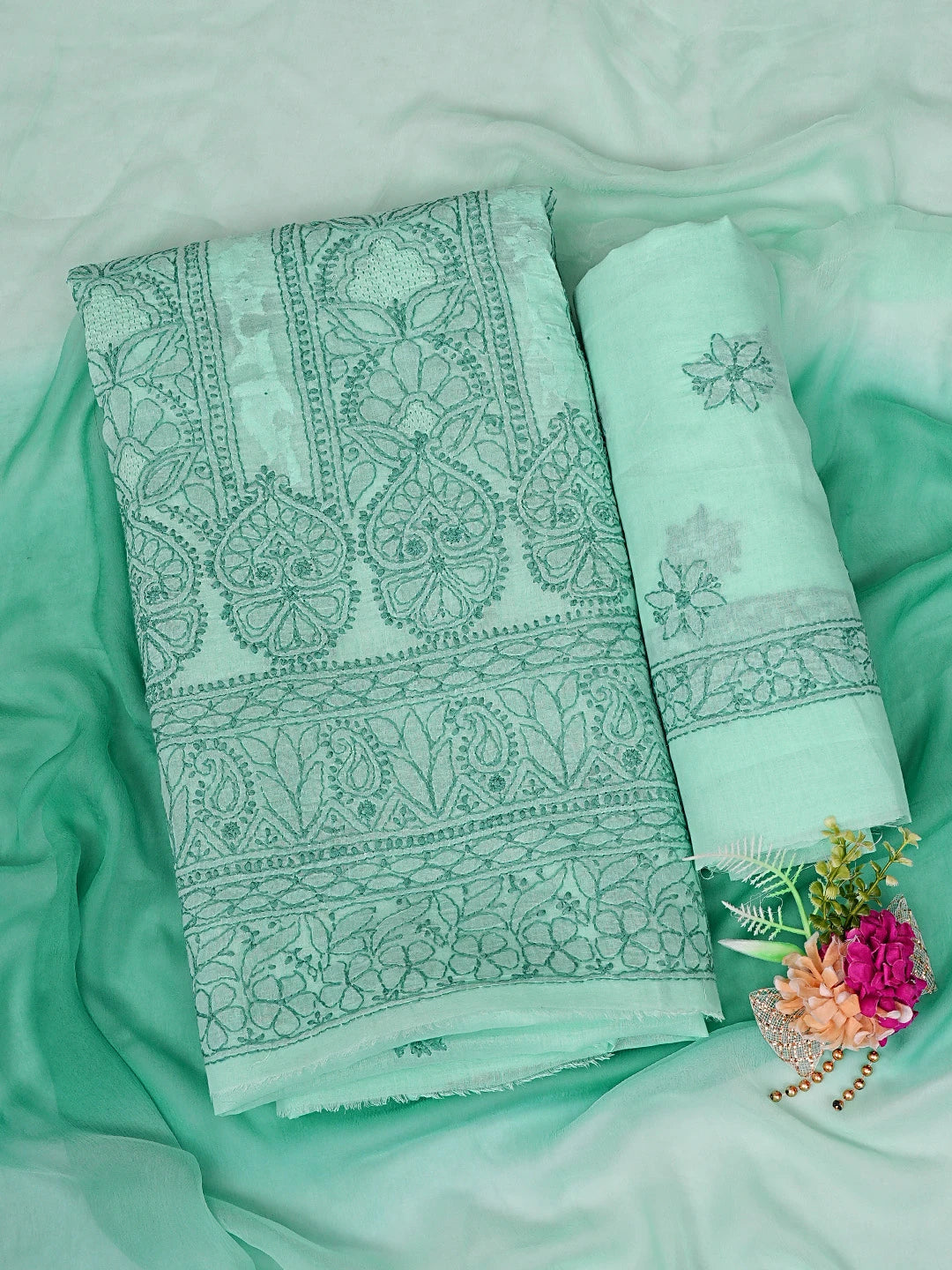 Ada Hand Embroidered Sea Green Cotton Lucknowi Chikankari Unstitched Suit Piece with Chiffon Dupatta 01A900225