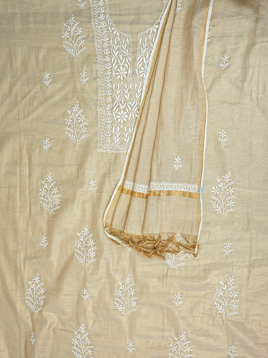 Ada Hand Embroidered Fawn Tissue Lucknowi Chikankari Kurta Dupatta Set 01A901610