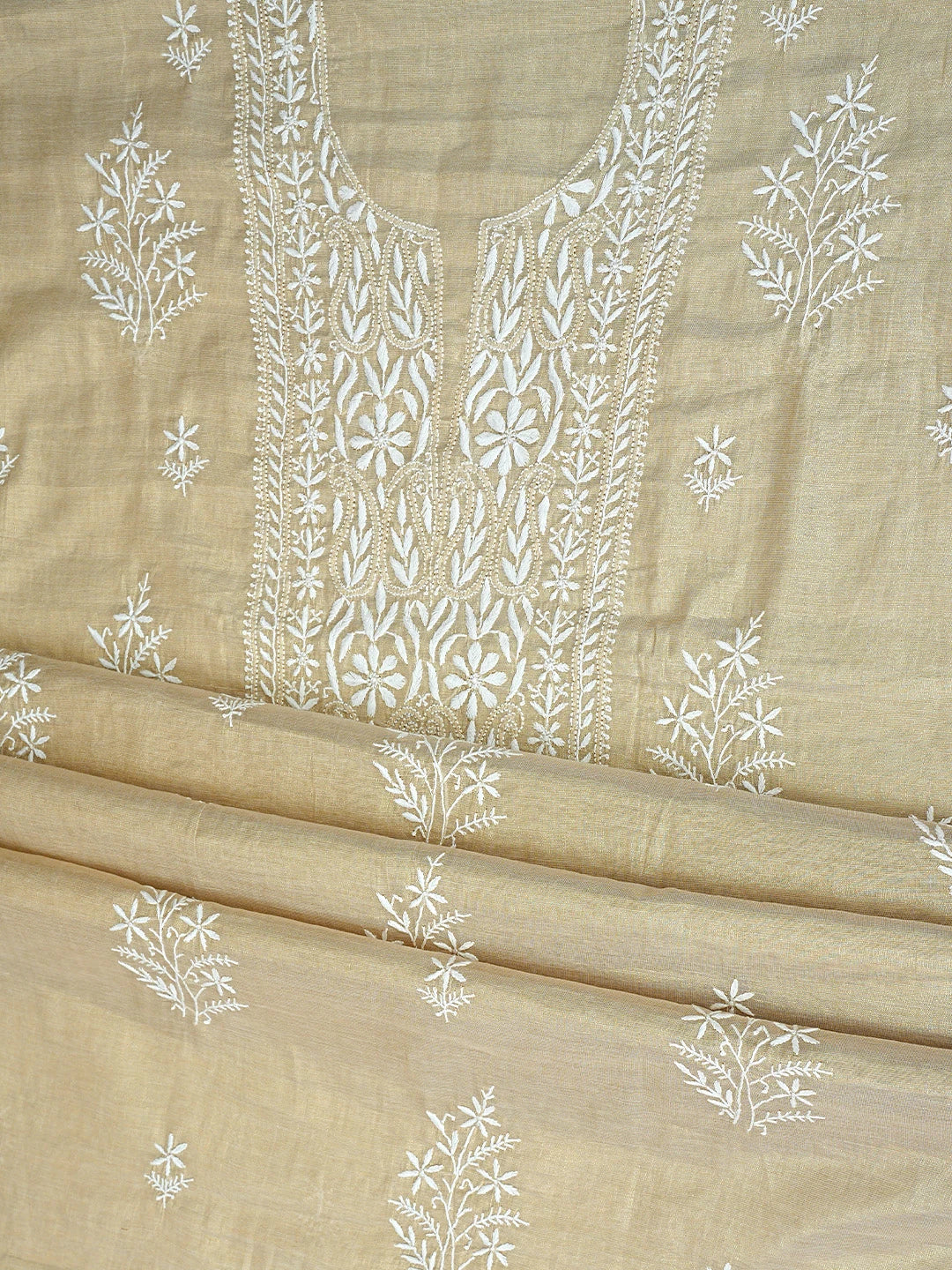 Ada Hand Embroidered Fawn Tissue Lucknowi Chikankari Kurta Dupatta Set 01A901610