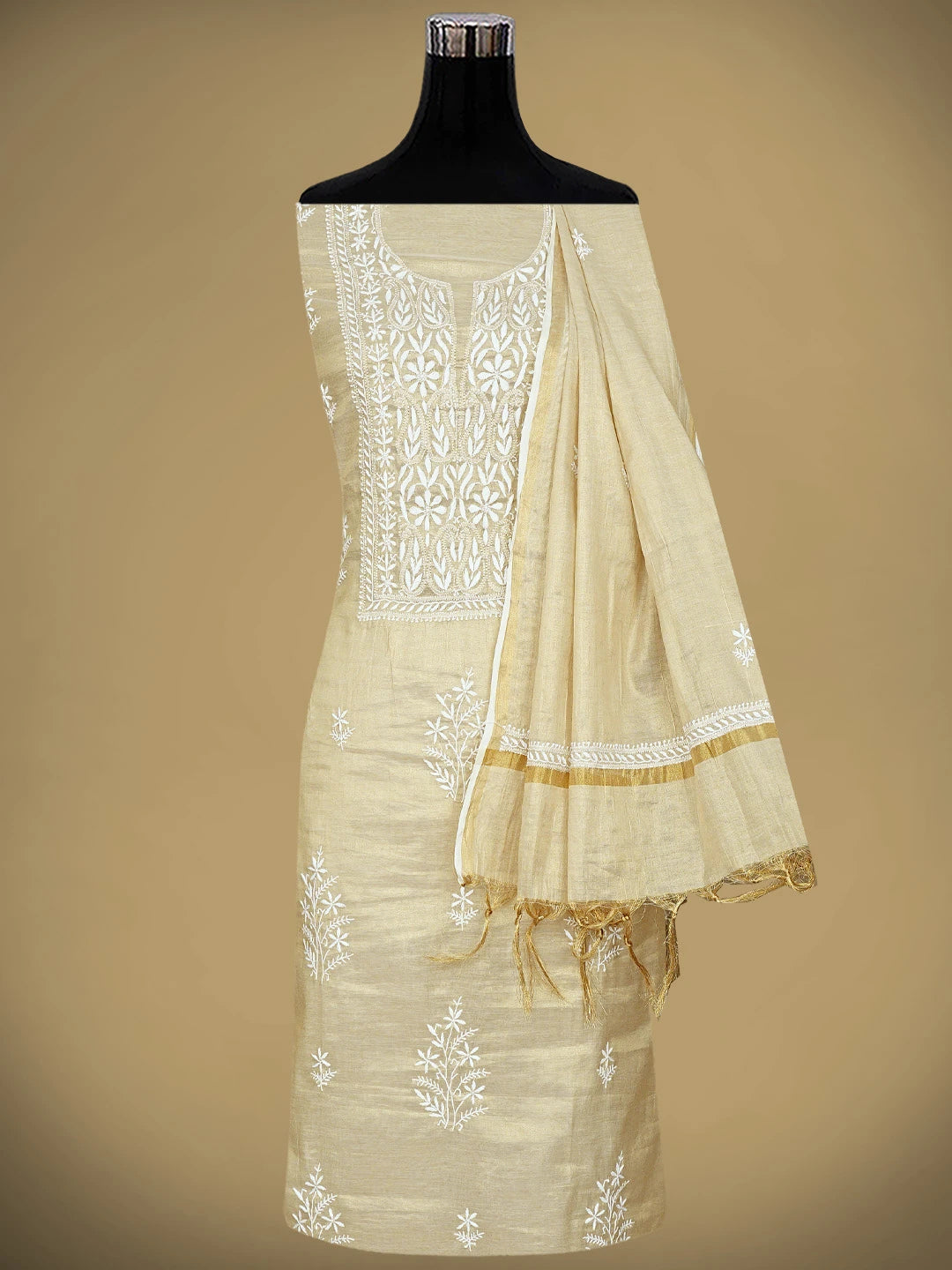 Ada Hand Embroidered Fawn Tissue Lucknowi Chikankari Kurta Dupatta Set 01A901610