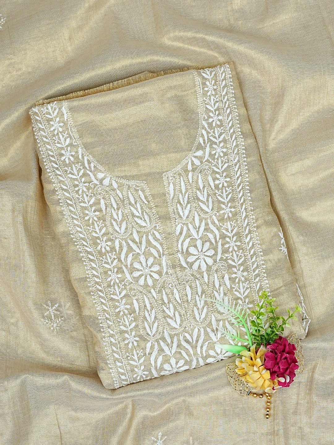 Ada Hand Embroidered Fawn Tissue Lucknowi Chikankari Kurta Dupatta Set 01A901610
