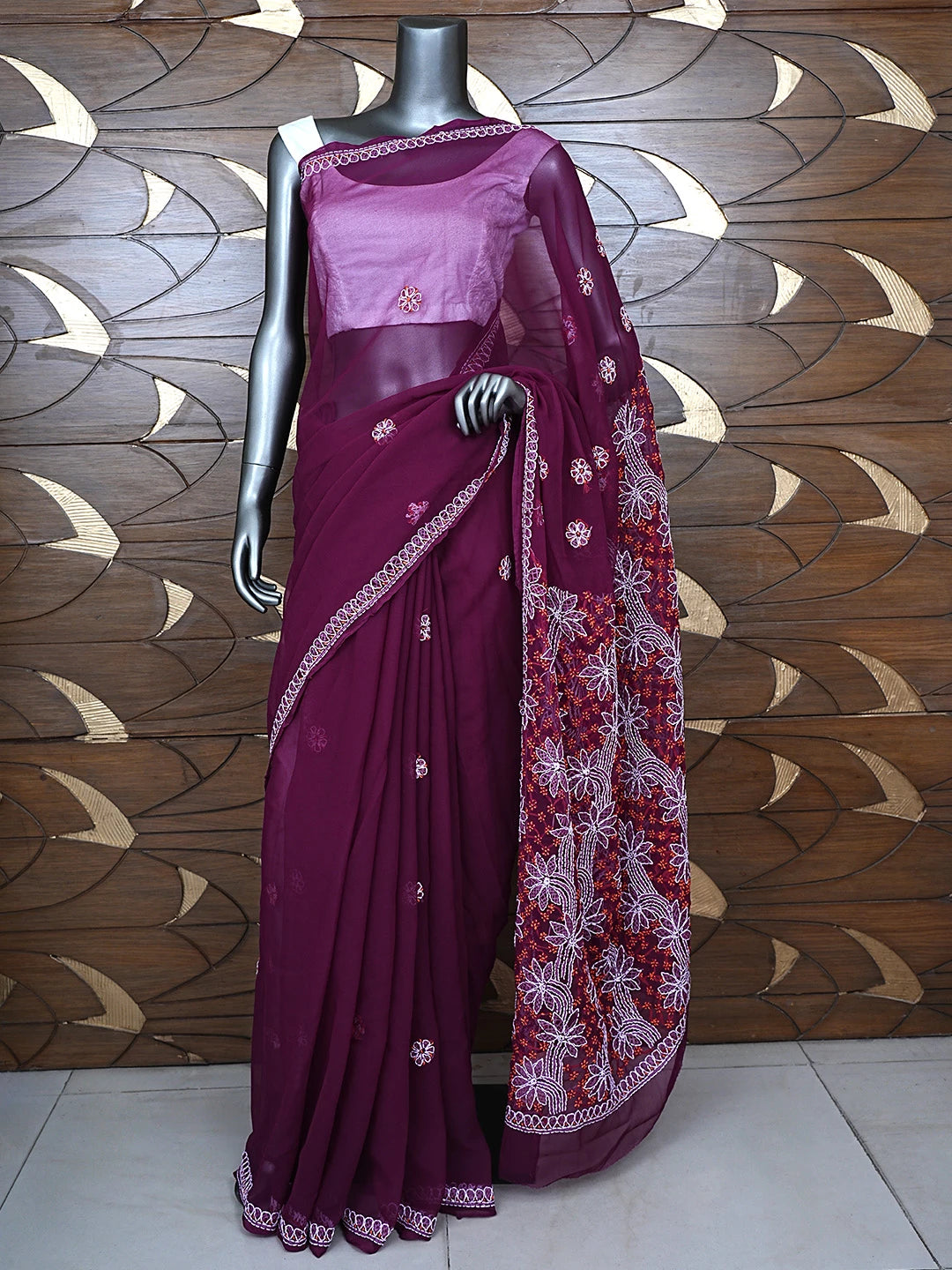 Ada Hand Embroidered Wine Georgette Lucknowi Chikankari Saree and Blouse 01A891979