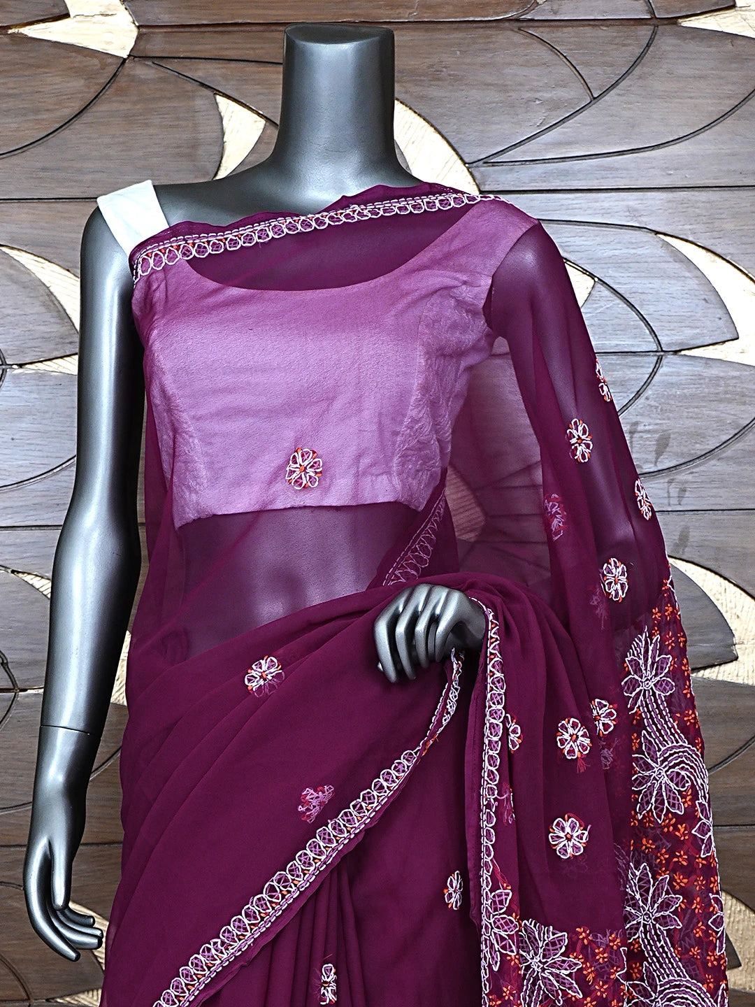Ada Hand Embroidered Wine Georgette Lucknowi Chikankari Saree and Blouse 01A891979