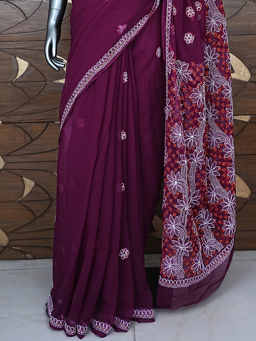 Ada Hand Embroidered Wine Georgette Lucknowi Chikankari Saree and Blouse 01A891979