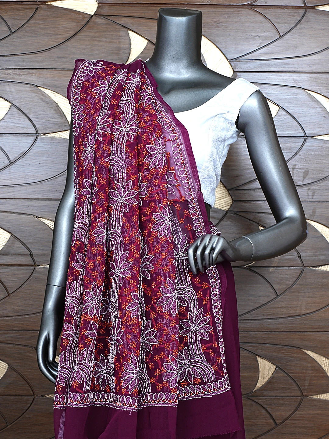 Ada Hand Embroidered Wine Georgette Lucknowi Chikankari Saree and Blouse 01A891979