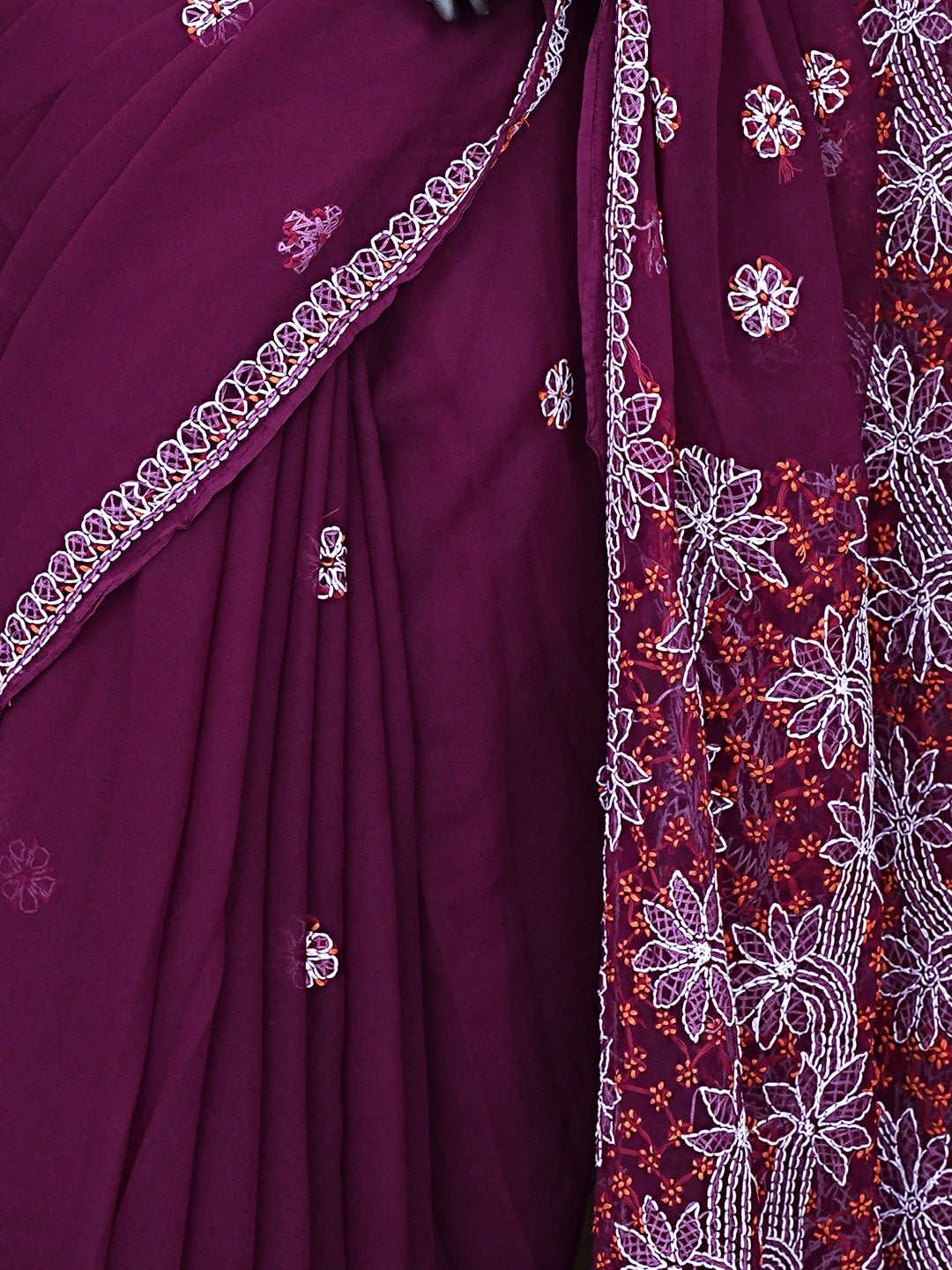Ada Hand Embroidered Wine Georgette Lucknowi Chikankari Saree and Blouse 01A891979