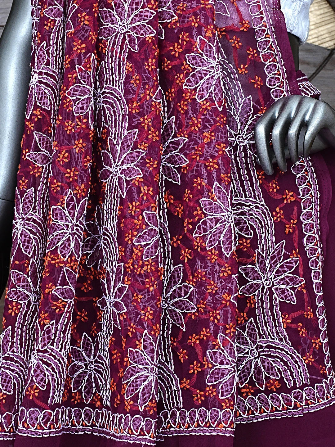 Ada Hand Embroidered Wine Georgette Lucknowi Chikankari Saree and Blouse 01A891979