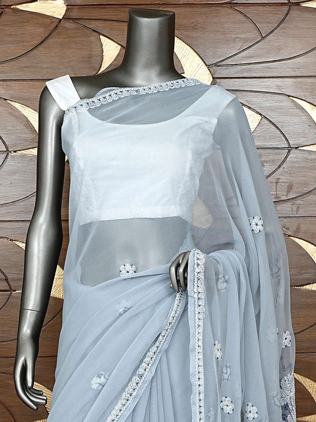 Ada Hand Embroidered Grey Georgette Lucknowi Chikankari Saree and Blouse 01A892008