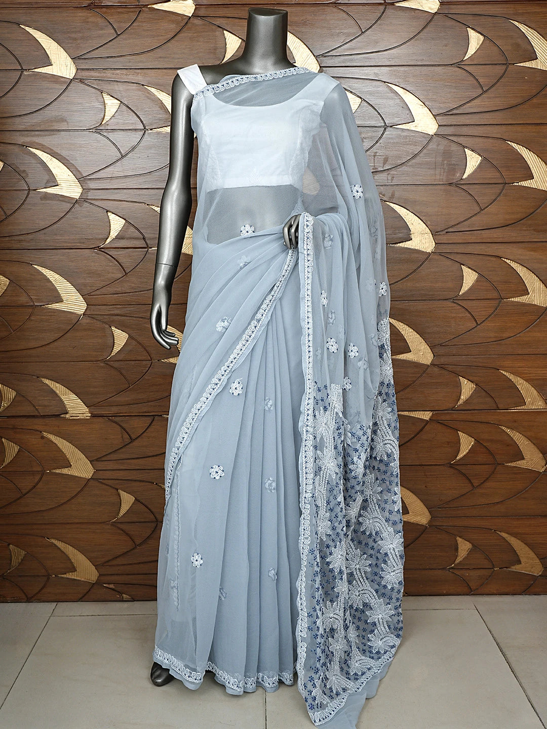 Ada Hand Embroidered Grey Georgette Lucknowi Chikankari Saree and Blouse 01A892008