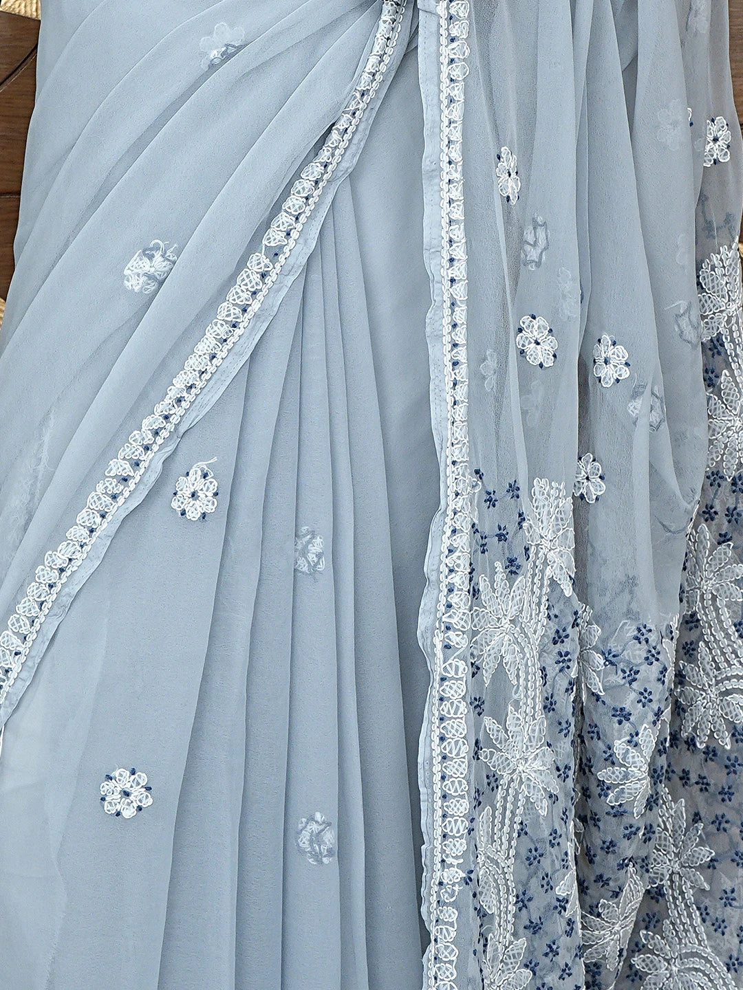 Ada Hand Embroidered Grey Georgette Lucknowi Chikankari Saree and Blouse 01A892008