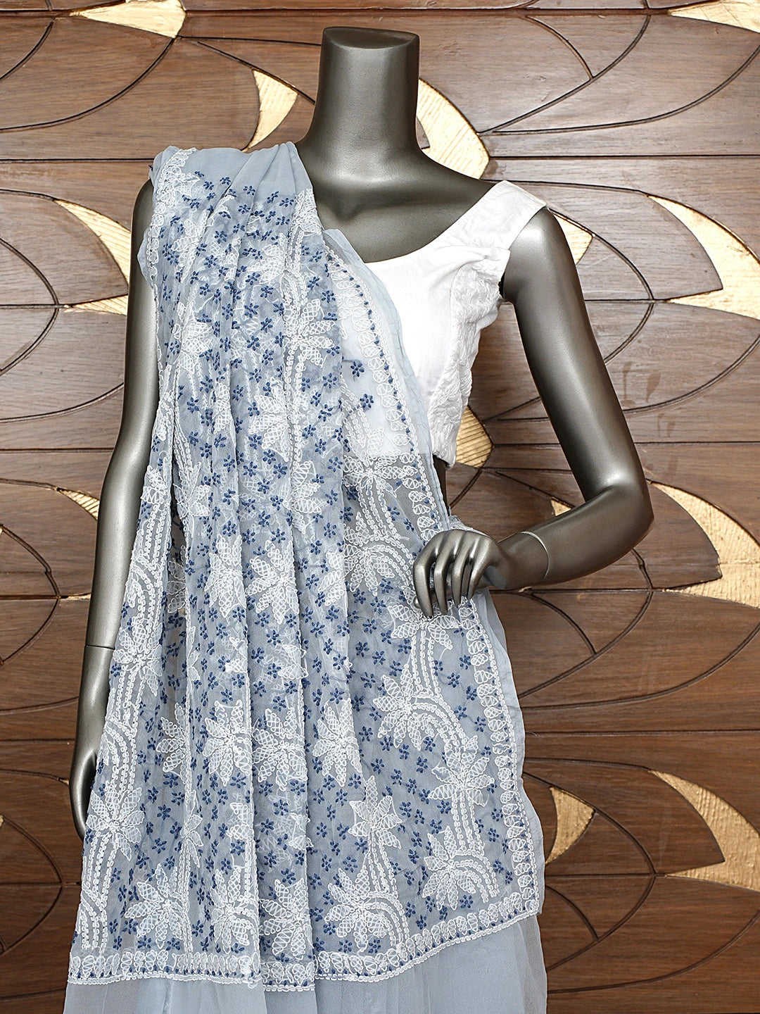 Ada Hand Embroidered Grey Georgette Lucknowi Chikankari Saree and Blouse 01A892008