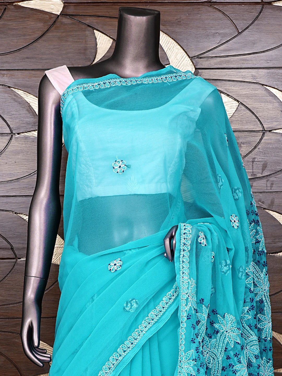 Ada Hand Embroidered Blue Georgette Lucknowi Chikankari Saree and Blouse 01A891966