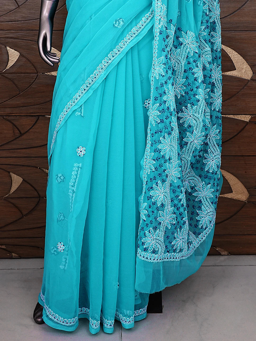 Ada Hand Embroidered Blue Georgette Lucknowi Chikankari Saree and Blouse 01A891966