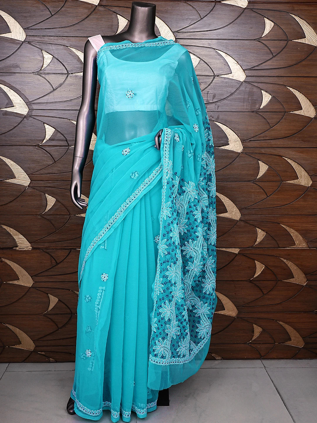 Ada Hand Embroidered Blue Georgette Lucknowi Chikankari Saree and Blouse 01A891966