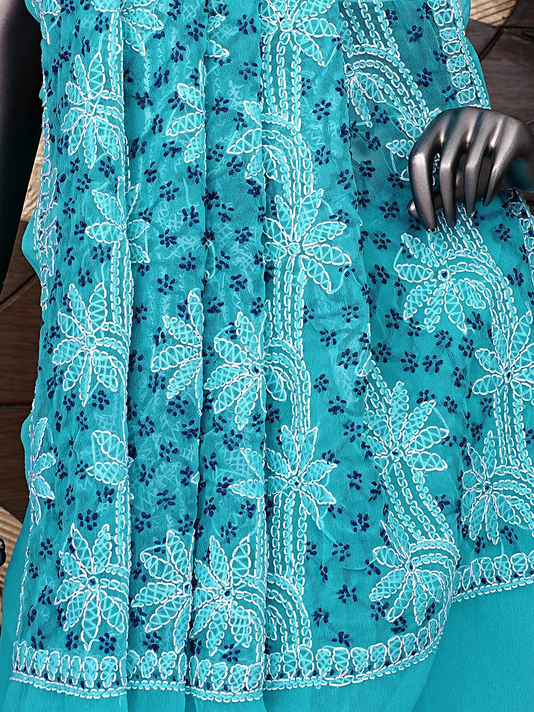 Ada Hand Embroidered Blue Georgette Lucknowi Chikankari Saree and Blouse 01A891966