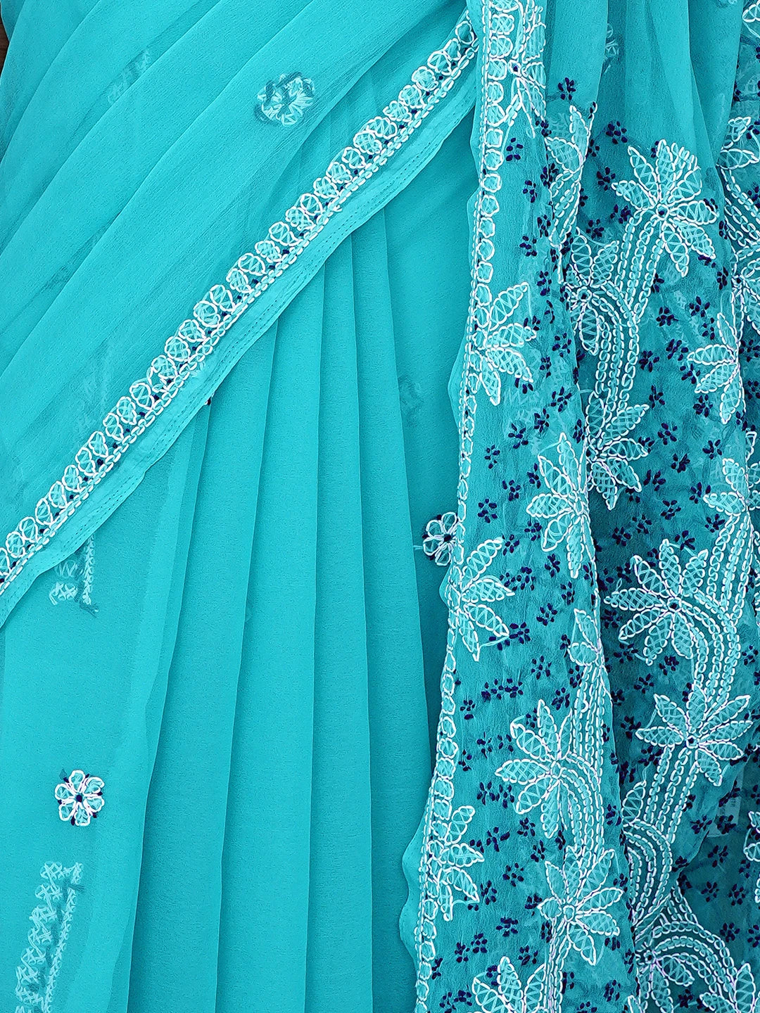 Ada Hand Embroidered Blue Georgette Lucknowi Chikankari Saree and Blouse 01A891966