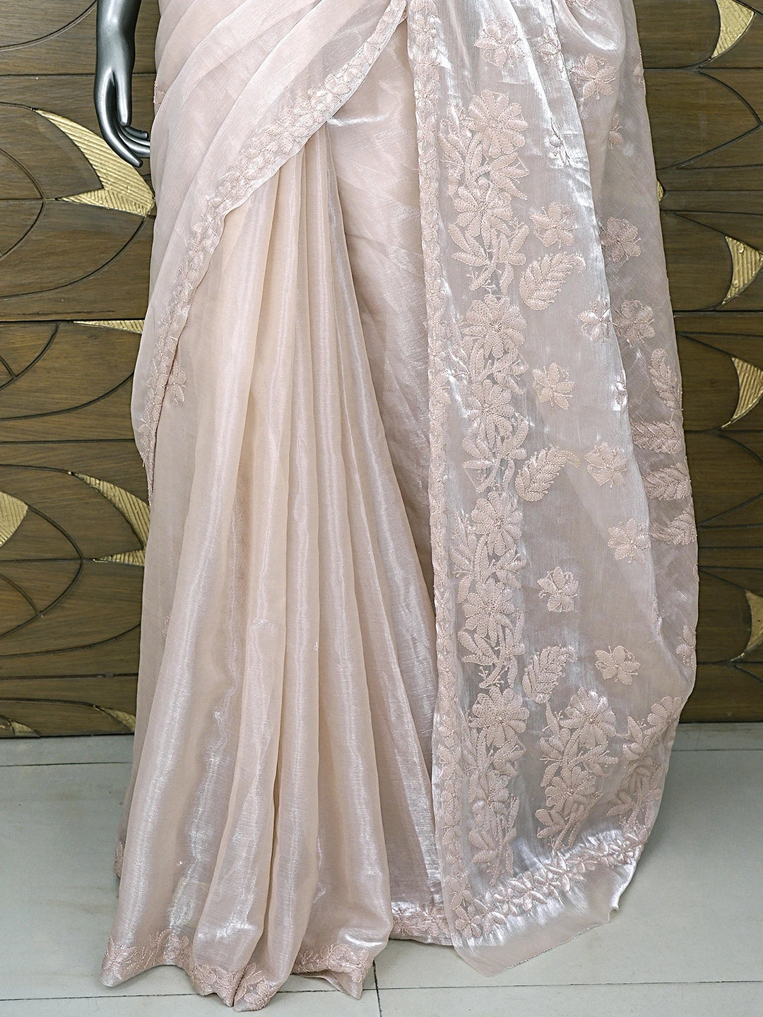 Ada Hand Embroidered Dusty Taupe Brown Organza Lucknowi Chikankari Saree and Blouse 01A901845