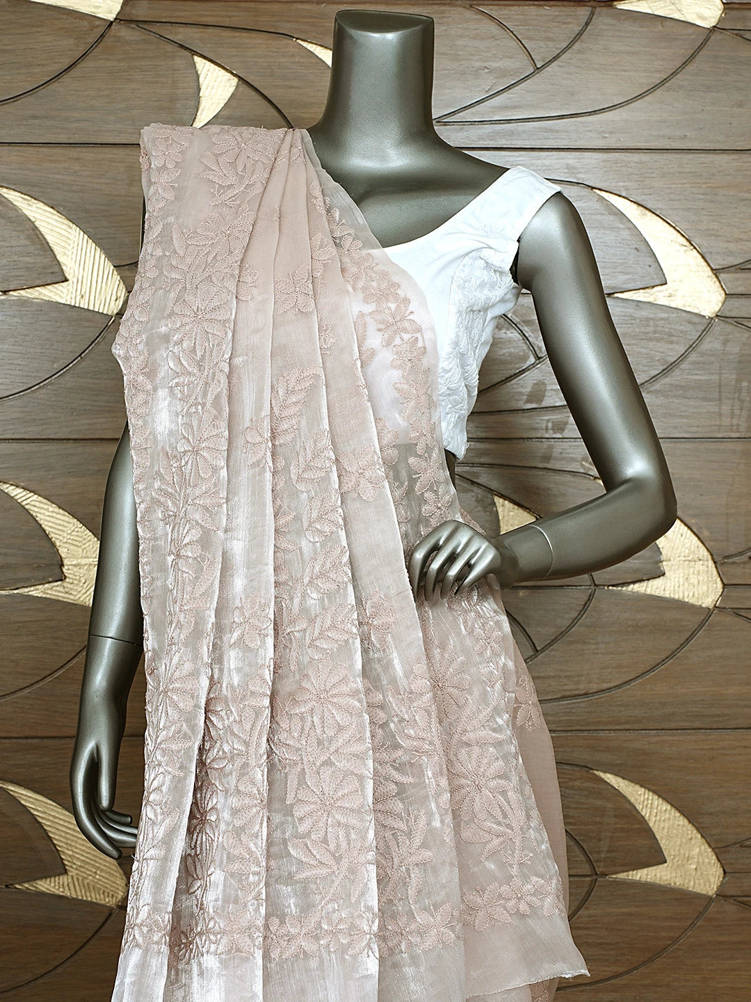 Ada Hand Embroidered Dusty Taupe Brown Organza Lucknowi Chikankari Saree and Blouse 01A901845
