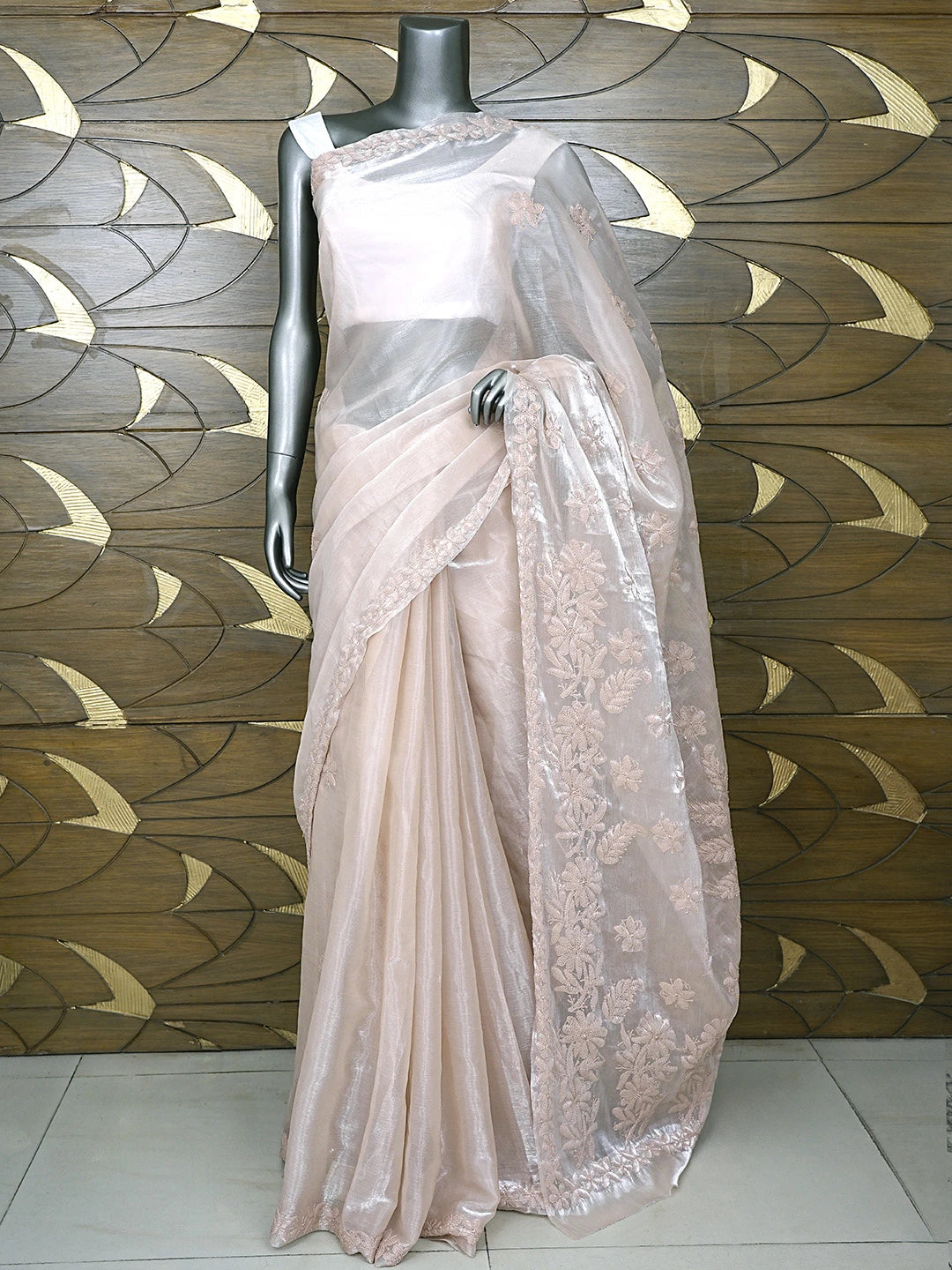 Ada Hand Embroidered Dusty Taupe Brown Organza Lucknowi Chikankari Saree and Blouse 01A901845