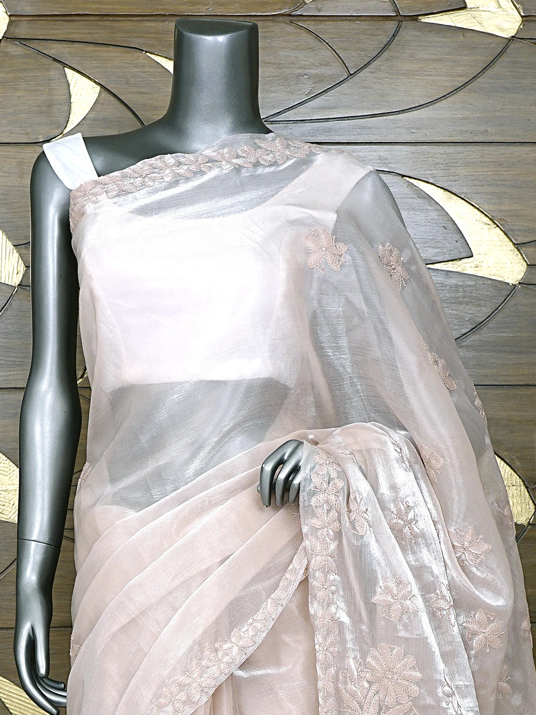 Ada Hand Embroidered Dusty Taupe Brown Organza Lucknowi Chikankari Saree and Blouse 01A901845
