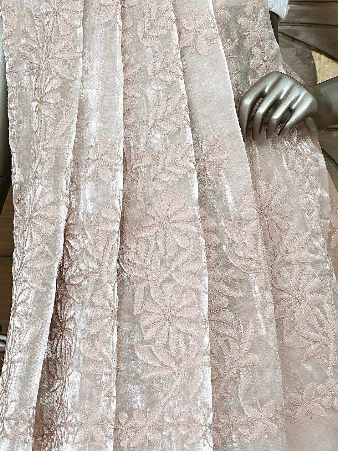 Ada Hand Embroidered Dusty Taupe Brown Organza Lucknowi Chikankari Saree and Blouse 01A901845