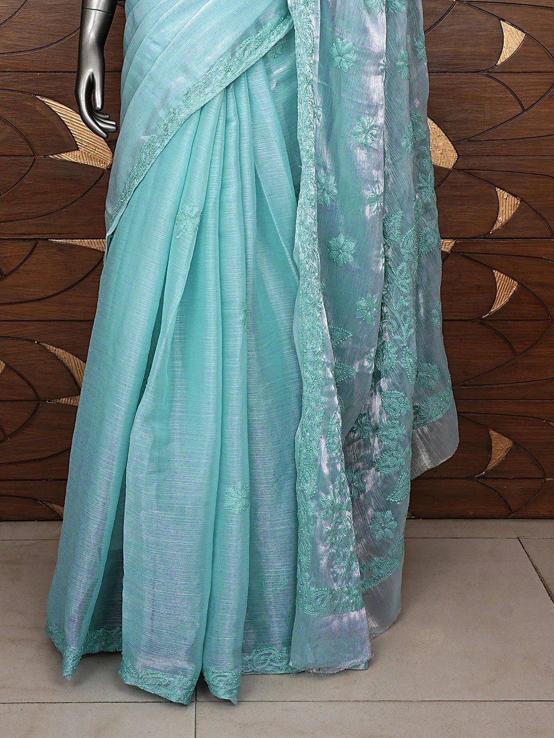 Ada Hand Embroidered Pearl Aqua Turquoise Organza Lucknowi Chikankari Saree and Blouse 01A901841