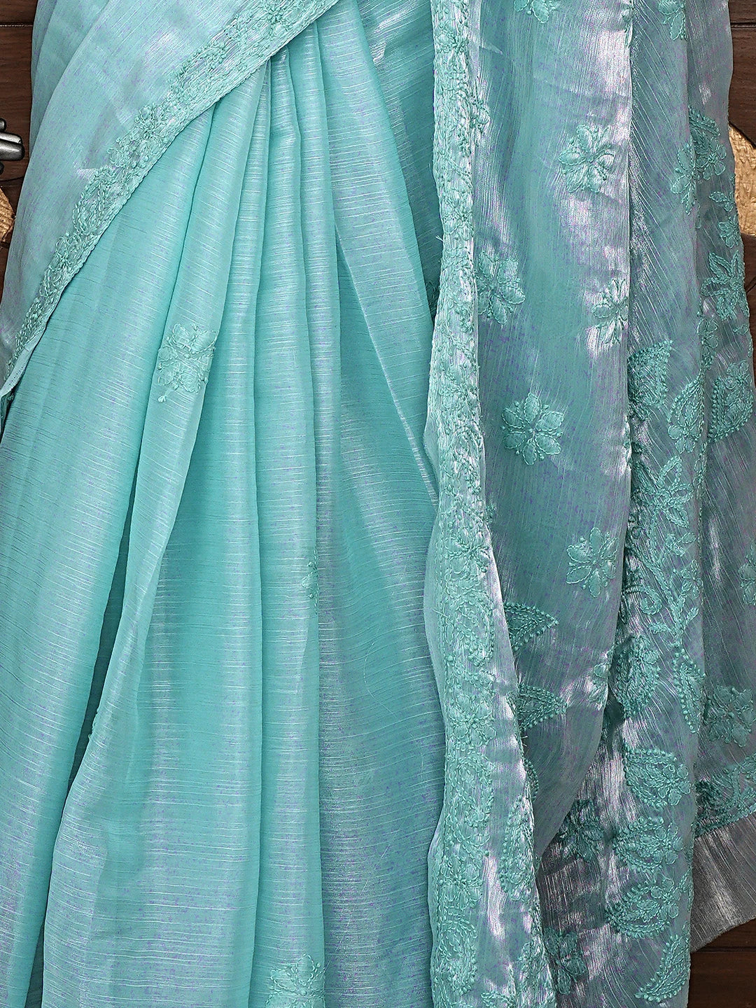 Ada Hand Embroidered Pearl Aqua Turquoise Organza Lucknowi Chikankari Saree and Blouse 01A901841