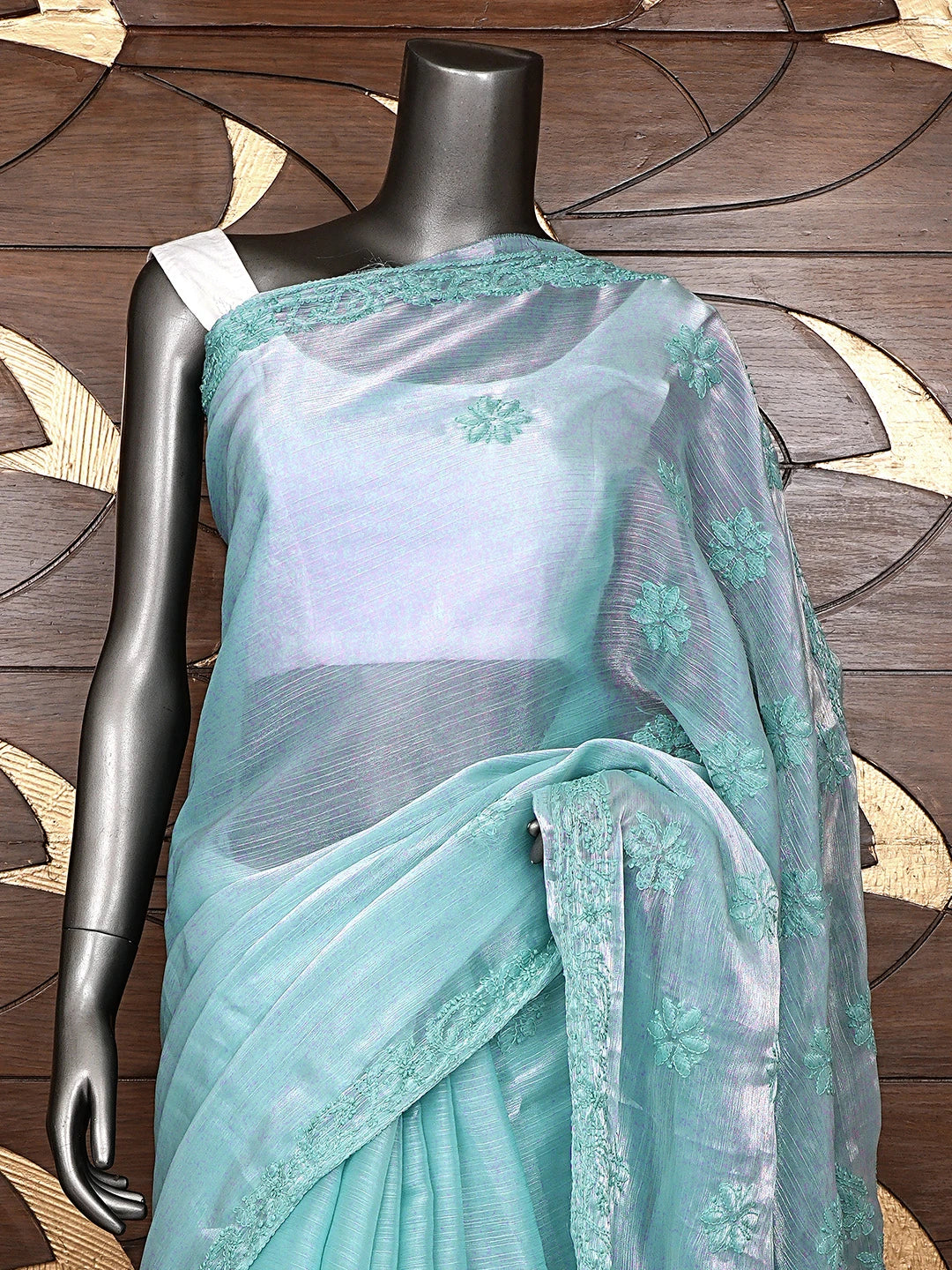 Ada Hand Embroidered Pearl Aqua Turquoise Organza Lucknowi Chikankari Saree and Blouse 01A901841