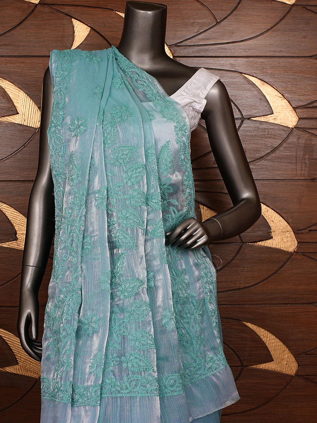 Ada Hand Embroidered Pearl Aqua Turquoise Organza Lucknowi Chikankari Saree and Blouse 01A901841