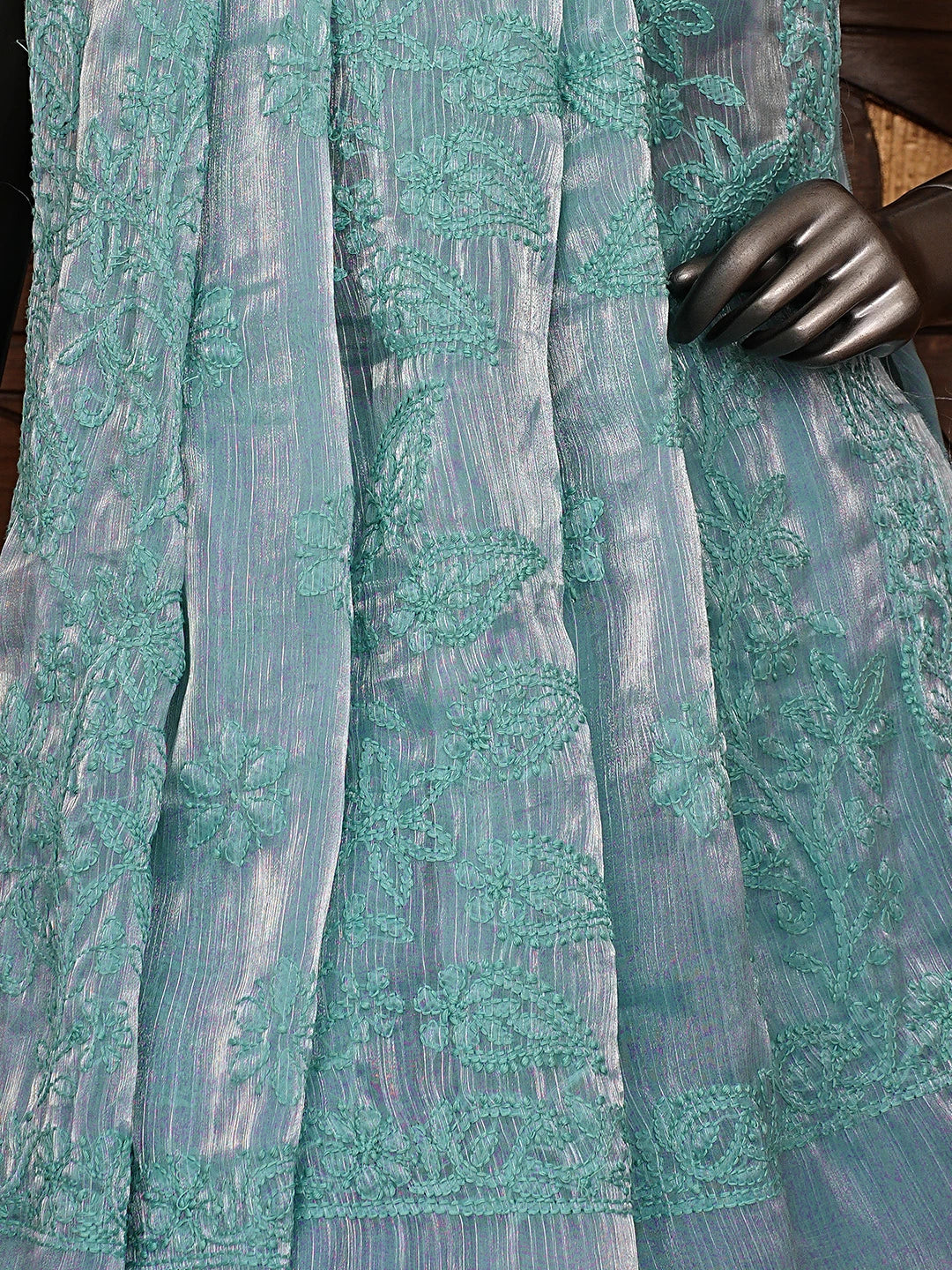 Ada Hand Embroidered Pearl Aqua Turquoise Organza Lucknowi Chikankari Saree and Blouse 01A901841